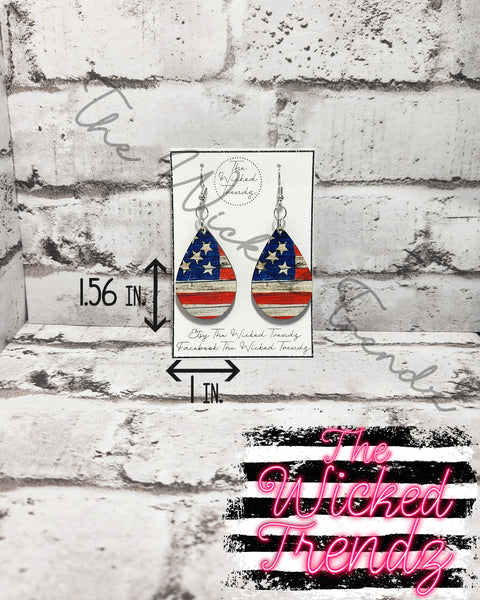 American Flag America Red White Blue USA Dangle Earrings Tear Drop Earring Lightweight Earrings