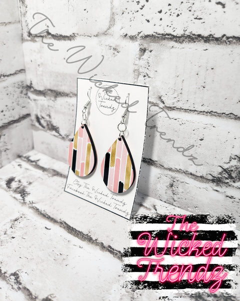 Pink Black Gold Striped Dangle Earrings Tear Drop Earring Lightweight Earrings