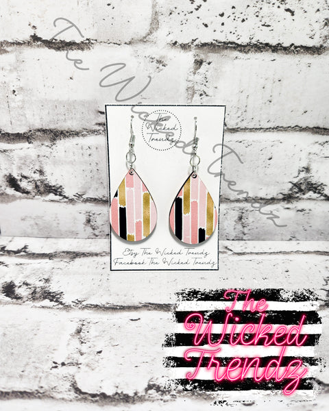 Pink Black Gold Striped Dangle Earrings Tear Drop Earring Lightweight Earrings