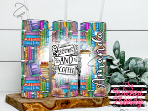 Books and Coffee 20 Oz. Skinny Tumbler Personalized Book Lover Librarian