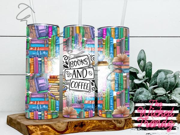 Books and Coffee 20 Oz. Skinny Tumbler Personalized Book Lover Librarian