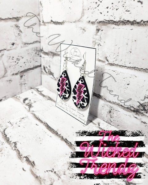 Cow Print Pink Leopard Neon Lighting Bolt Country Music Western Dangle Earrings Tear Drop Earring Lightweight Earring