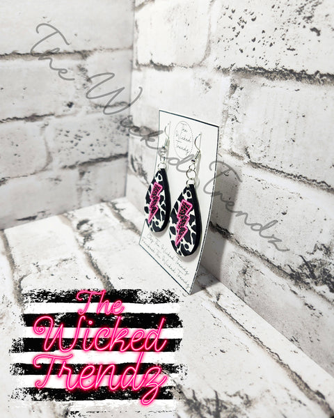 Cow Print Pink Leopard Neon Lighting Bolt Country Music Western Dangle Earrings Tear Drop Earring Lightweight Earring