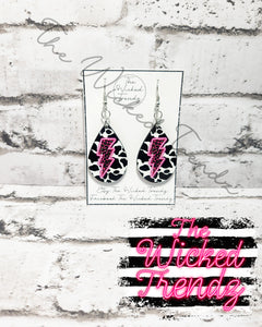 Cow Print Pink Leopard Neon Lighting Bolt Country Music Western Dangle Earrings Tear Drop Earring Lightweight Earring