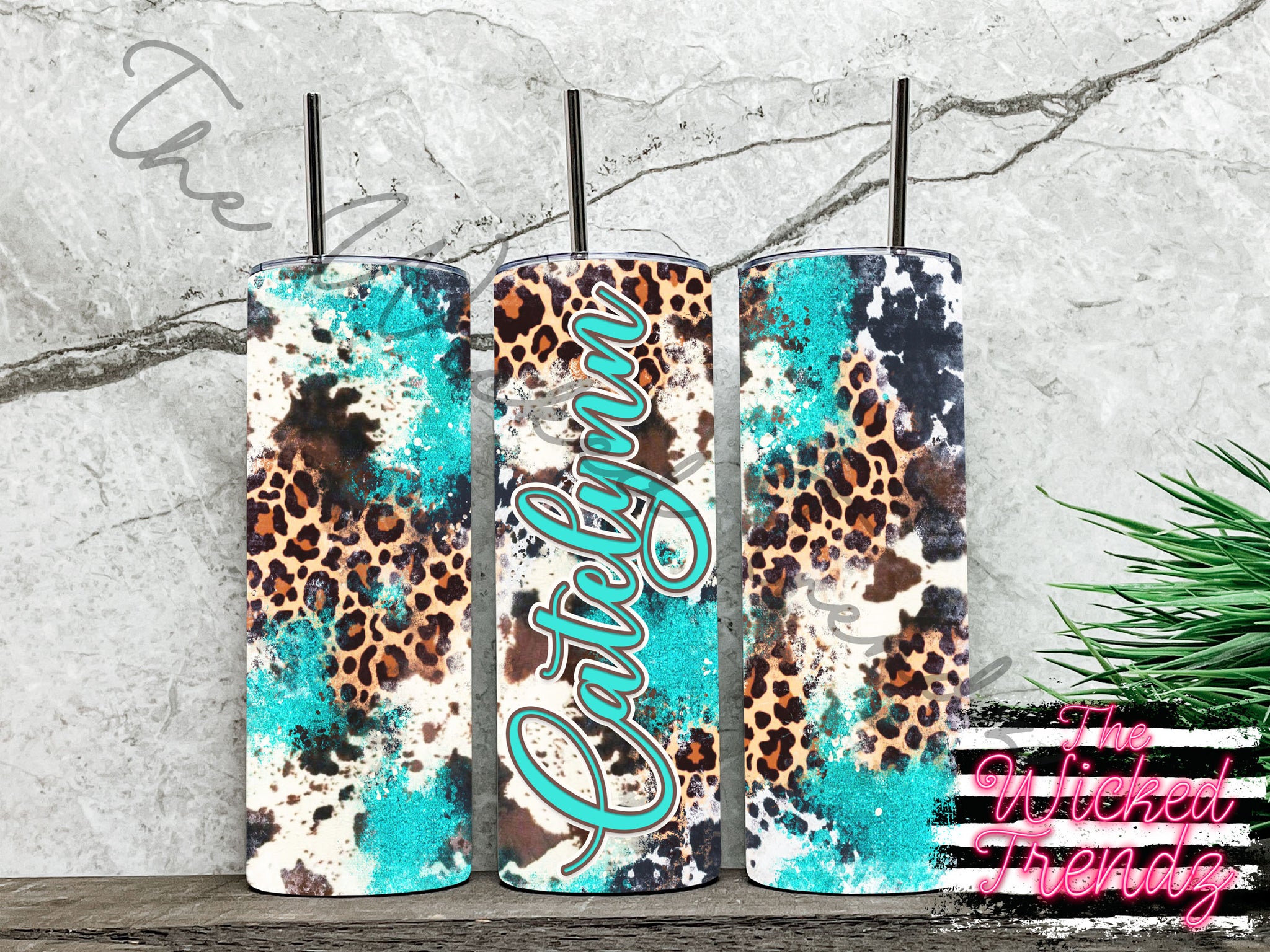 Teal Leopard Print Cow Print 20 Oz. Skinny Tumbler Personalized Country