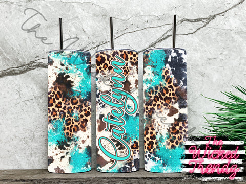 Teal Leopard Print Cow Print 20 Oz. Skinny Tumbler Personalized Country