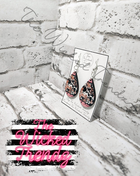 Pink Glitter Cow Print Western Country Music Dangle Earrings Tear Drop Earring Lightweight Earrings