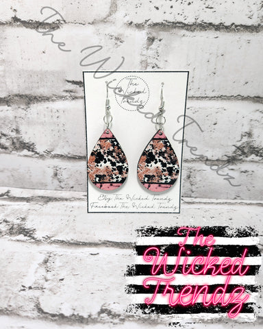 Pink Glitter Cow Print Western Country Music Dangle Earrings Tear Drop Earring Lightweight Earrings