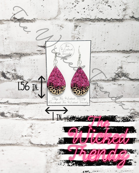 Pink Glitter Leopard Print Dangle Earrings Tear Drop Earring Lightweight Earrings