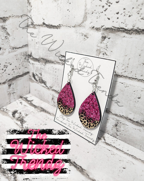 Pink Glitter Leopard Print Dangle Earrings Tear Drop Earring Lightweight Earrings