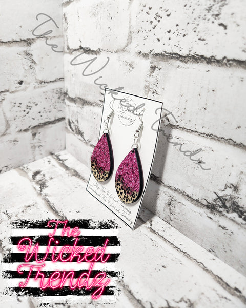 Pink Glitter Leopard Print Dangle Earrings Tear Drop Earring Lightweight Earrings