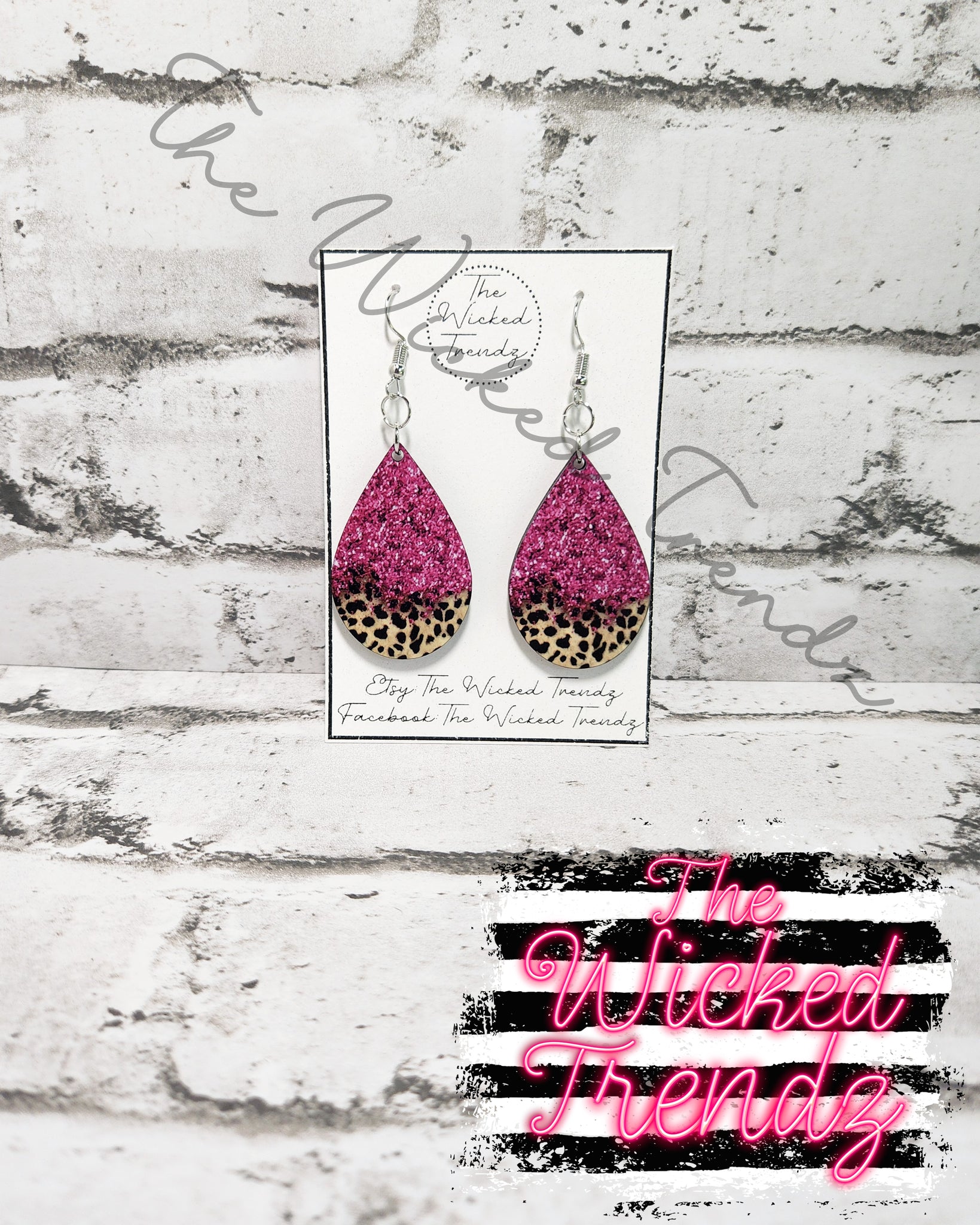 Pink Glitter Leopard Print Dangle Earrings Tear Drop Earring Lightweight Earrings