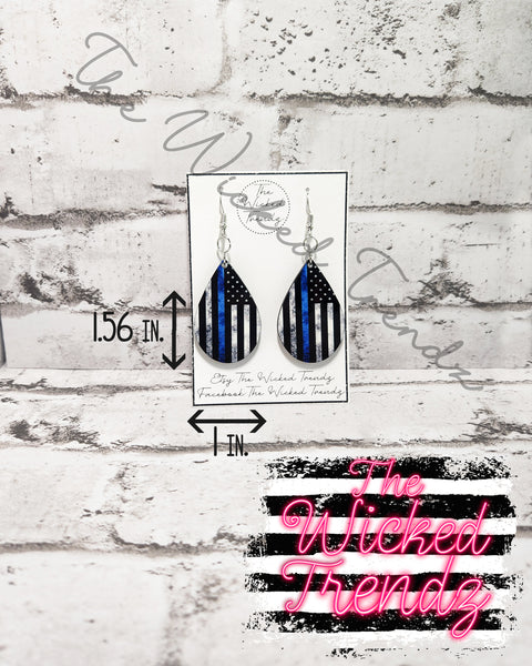 Thin Blue Line Flag Back The Blue Dangle Earrings Tear Drop Earring Lightweight Earrings