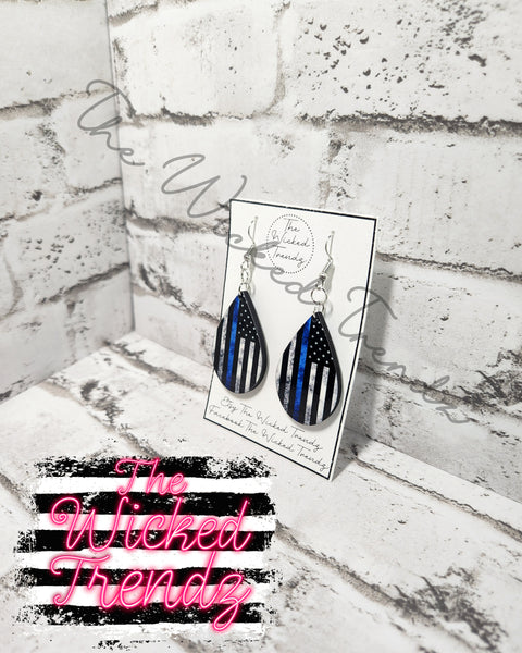 Thin Blue Line Flag Back The Blue Dangle Earrings Tear Drop Earring Lightweight Earrings