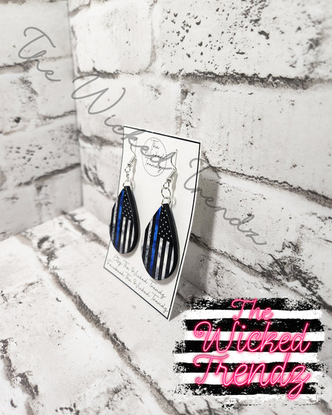 Thin Blue Line Flag Back The Blue Dangle Earrings Tear Drop Earring Lightweight Earrings